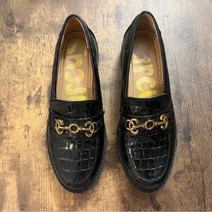 Sam Edelman Black Croc-Embossed Loafers with Gold Accents